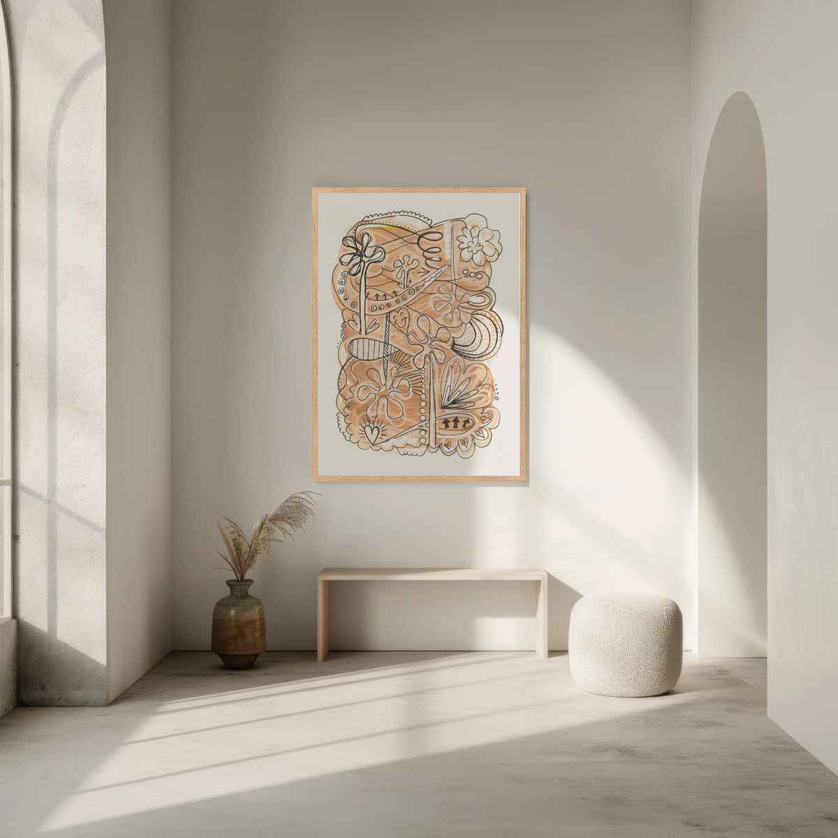 Modern interior with abstract artwork on a wall, minimal furniture, and natural light. A piece in light brown and white on Growth and Expansion.