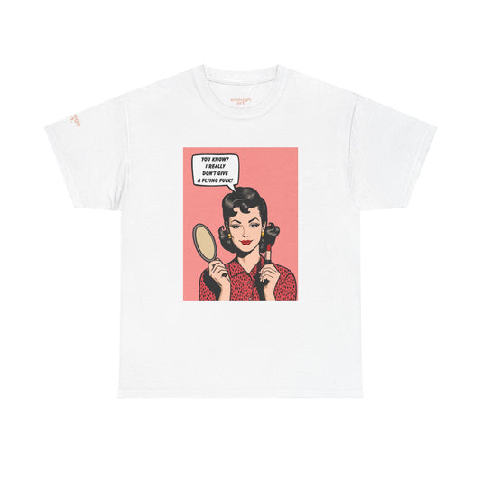 White t-shirt with a graphic of a woman holding a mirror and text bubble on a white background
