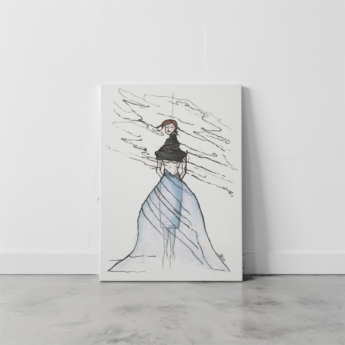 Canvas print of a stylized drawing of a woman in a flowing dress with a black belt wrapped around her neck against a white wall. A piece on anxiety and trauma.