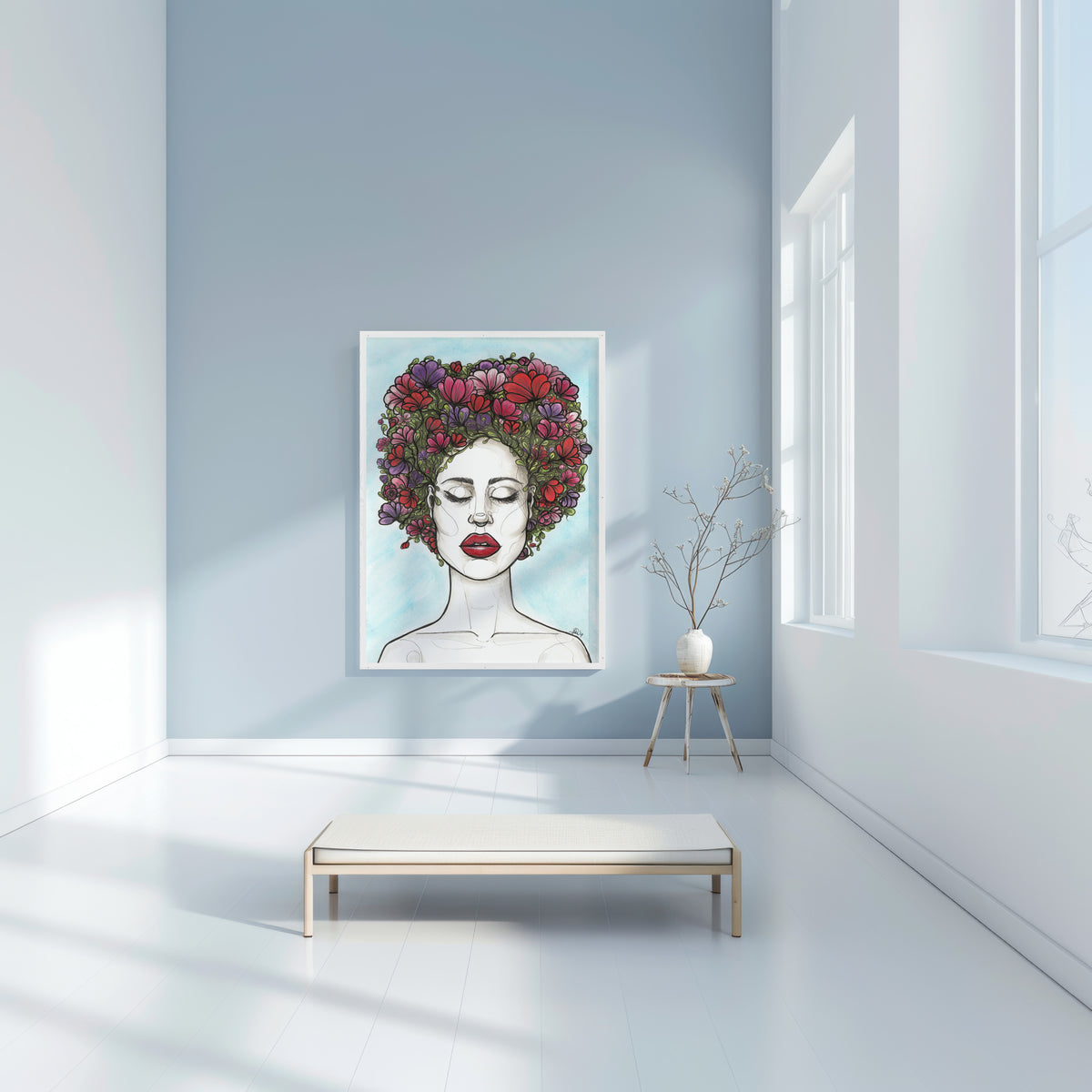 Framed artwork of a woman with flowers in her hair in a minimalistic room. A piece on battling and surviving breast cancer and chemotherapy.
