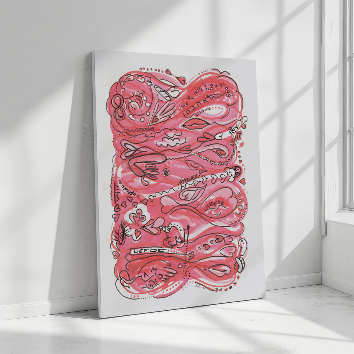 Canvas with pink abstract design on a white wall. A piece on Love and Human Empathy.