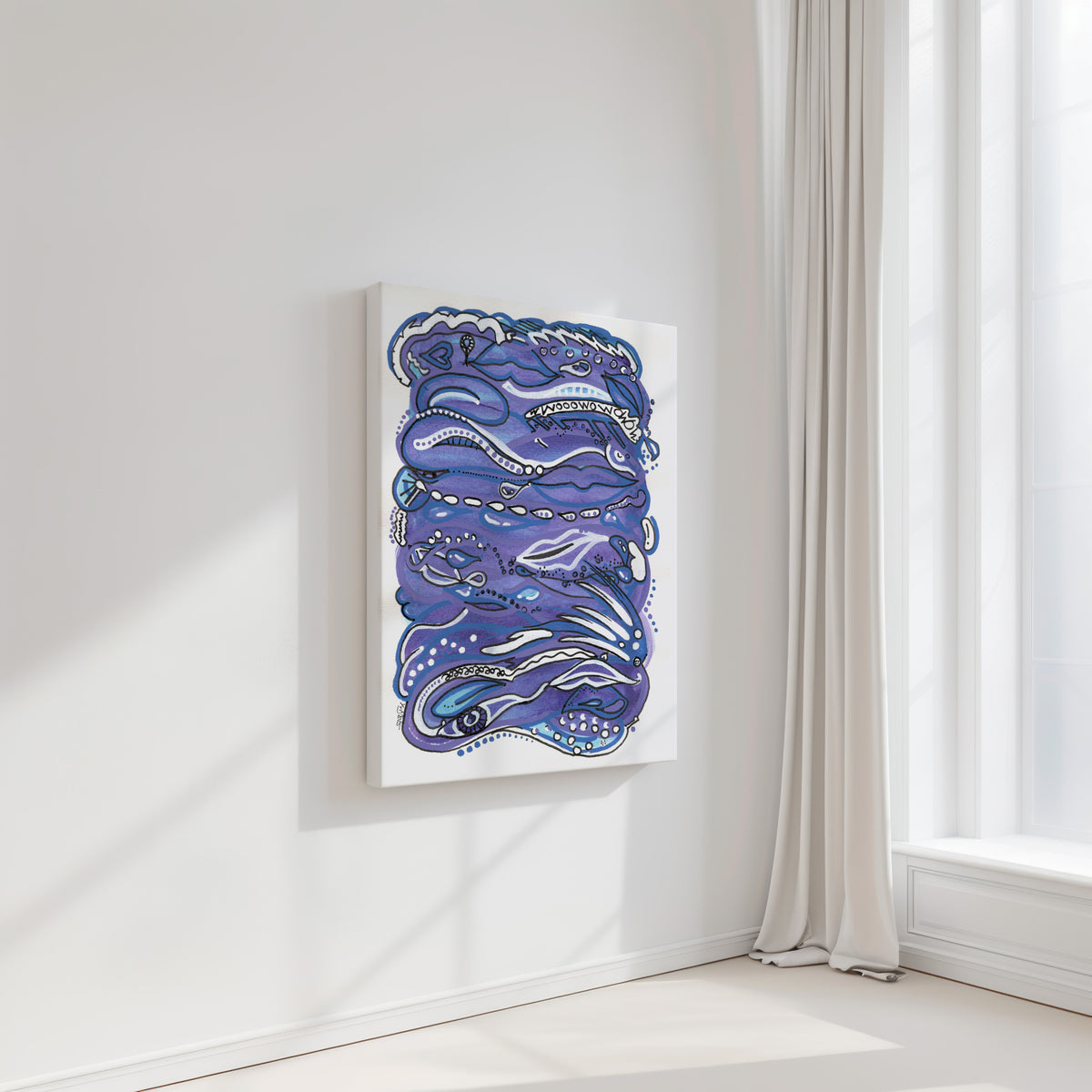 Abstract blue artwork on a white wall with a window in the background. A piece on human lust.