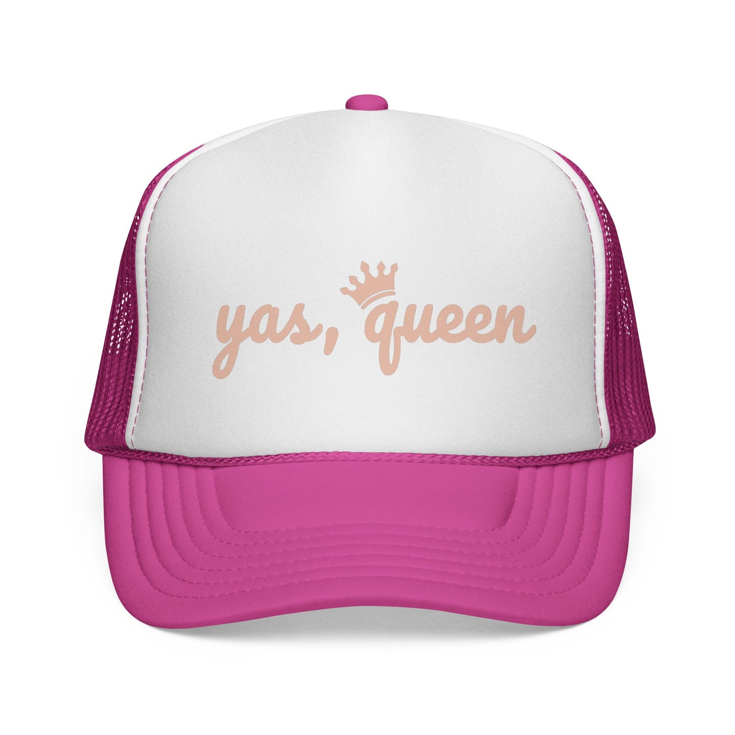 Pink and white trucker hat with 'yas, queen' text on a white background