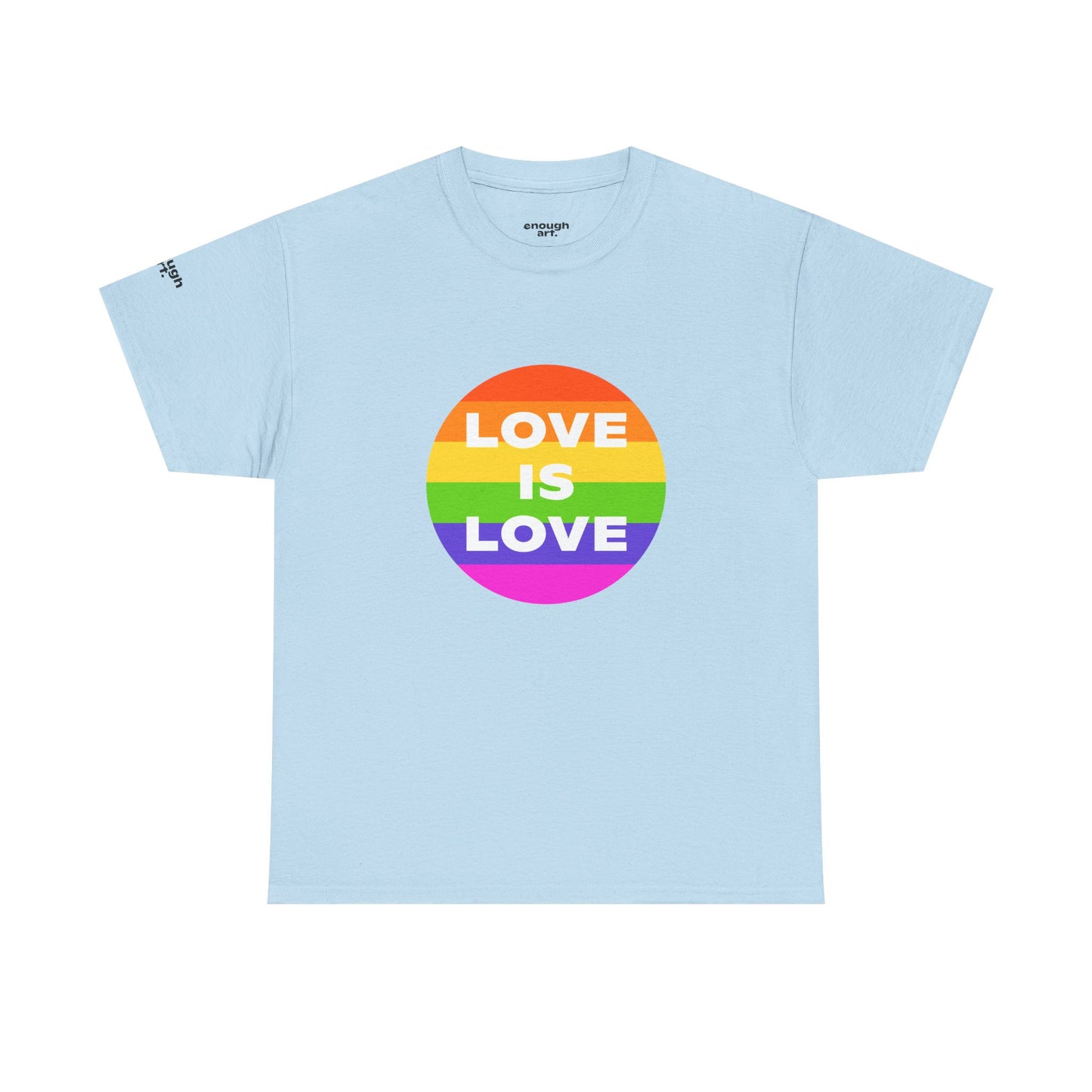 Light blue t-shirt with rainbow 'Love is Love' graphic on a white background
