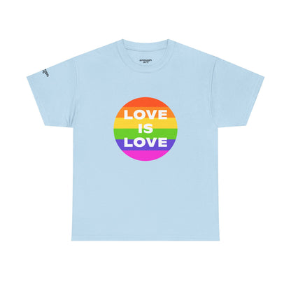 Light blue t-shirt with rainbow 'Love is Love' graphic on a white background