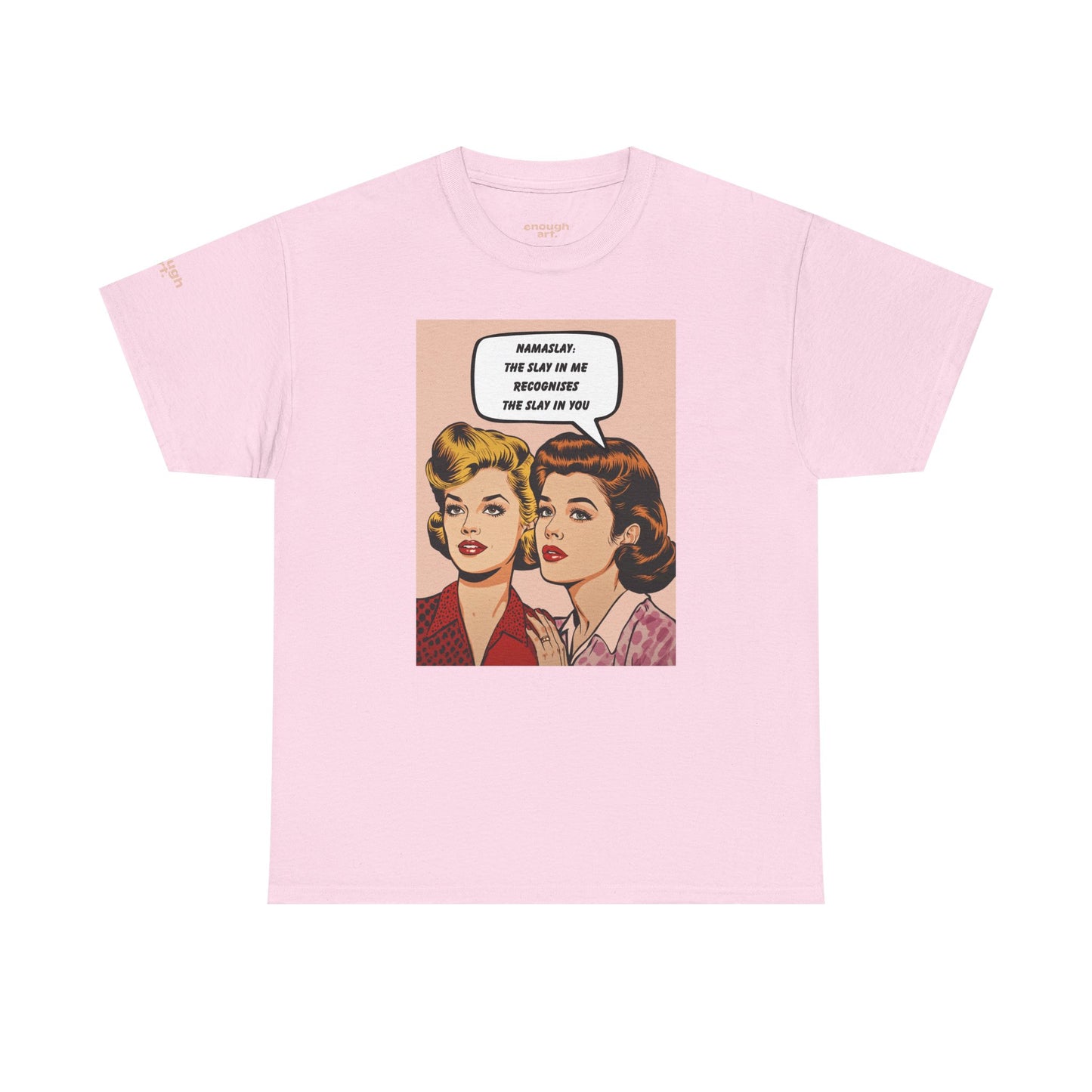 Pink t-shirt with graphic of two women and a speech bubble on a white background
