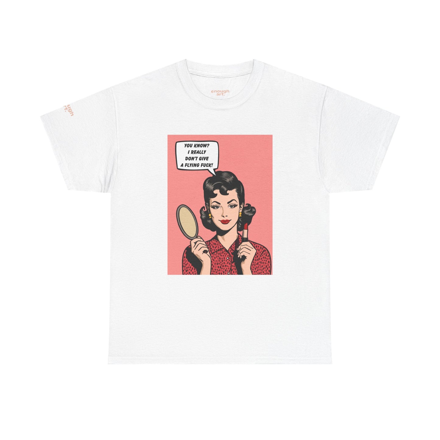 White t-shirt with a graphic of a woman holding a mirror and text bubble on a white background