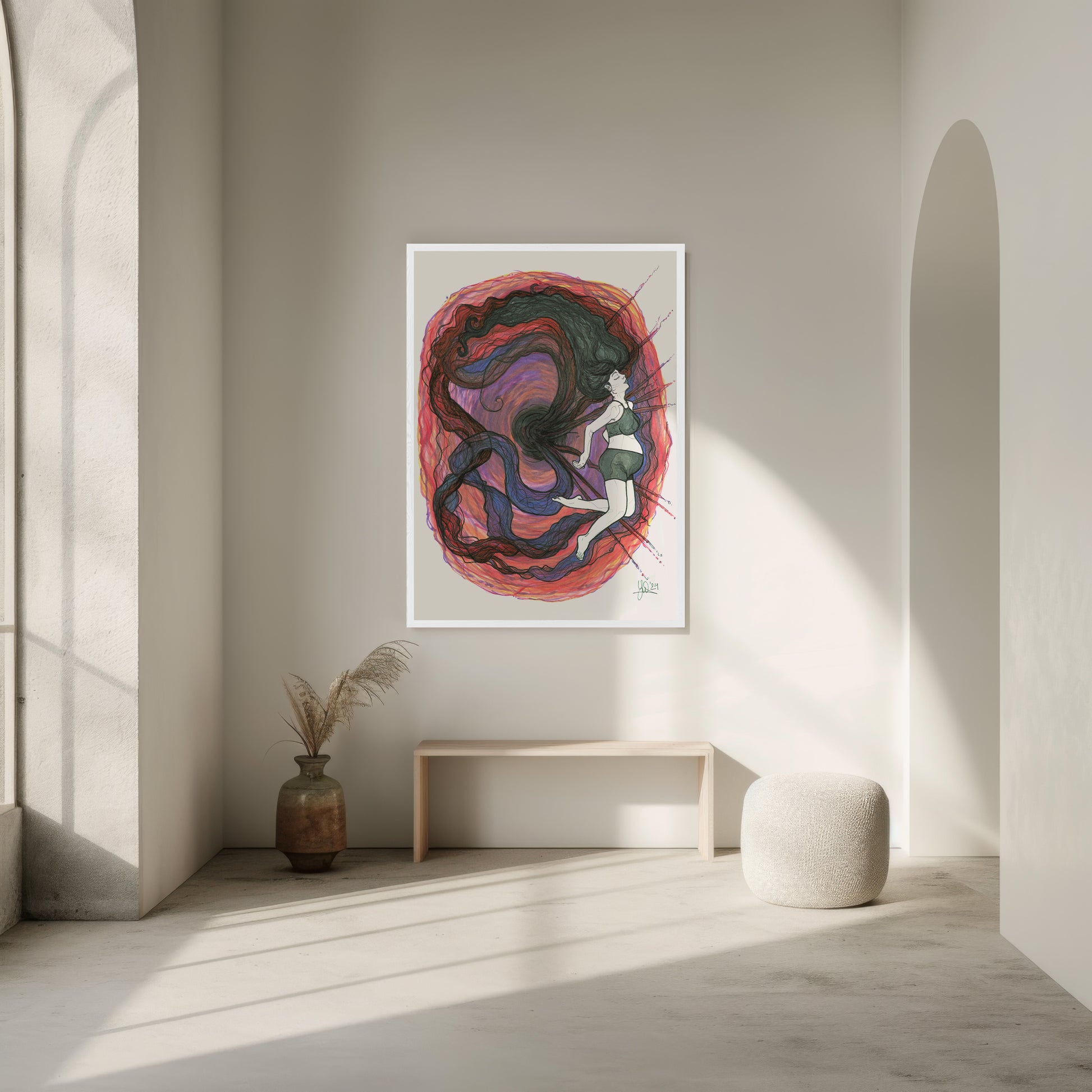 Abstract artwork on becoming a mother / parent in a minimalistic room with a vase and stool.