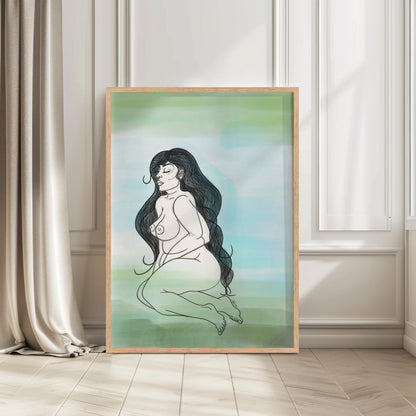 Framed artwork of a nude woman sitting on a green gradient background in a room with curtains and wooden floor. A piece on acceptance of your own beautiful body.