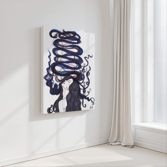 Abstract artwork of a woman with blue hair on a white wall in a bright room. Art piece about mental health.