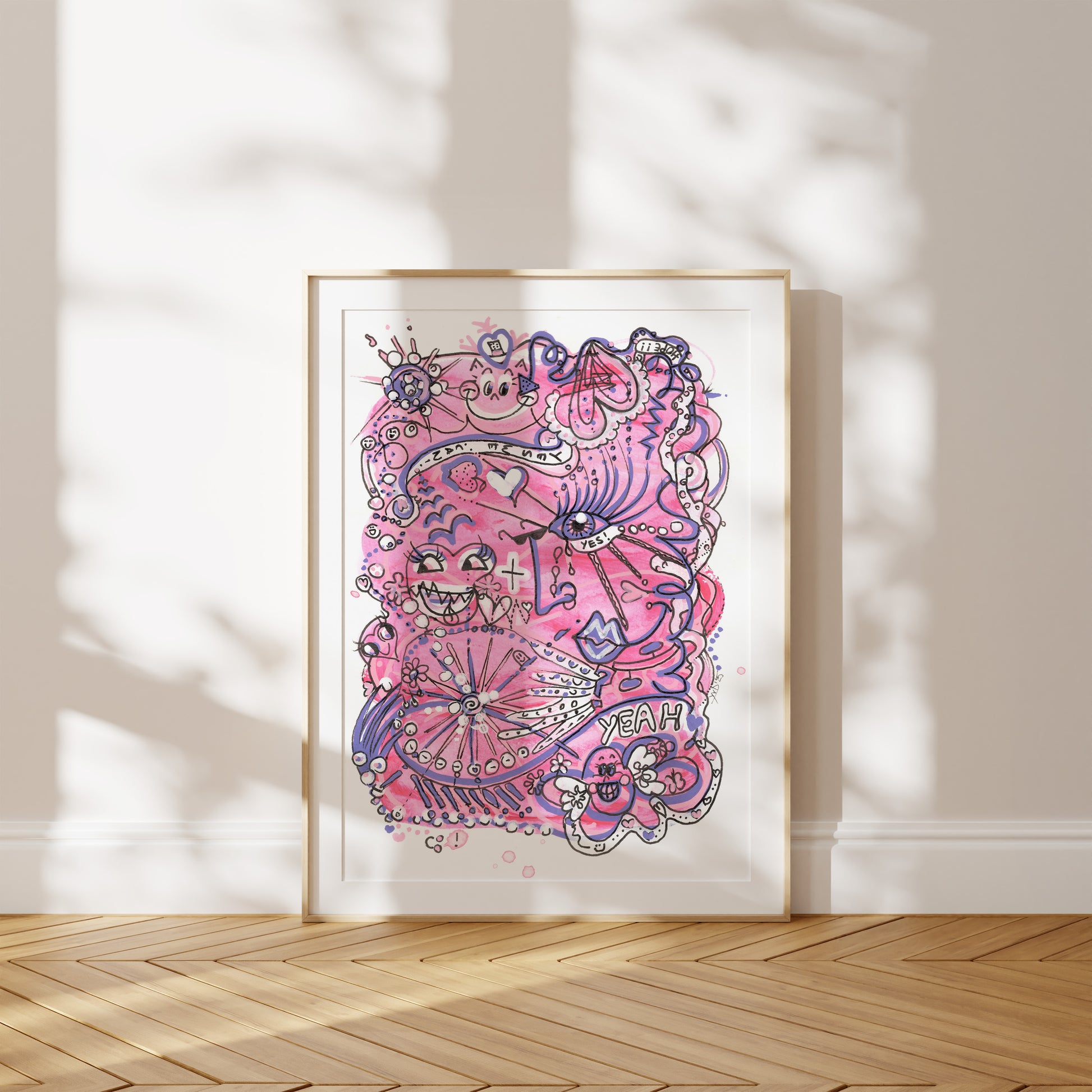 Framed artwork with a pink and purple design on a white wall. A piece one Hope and Opportunities.
