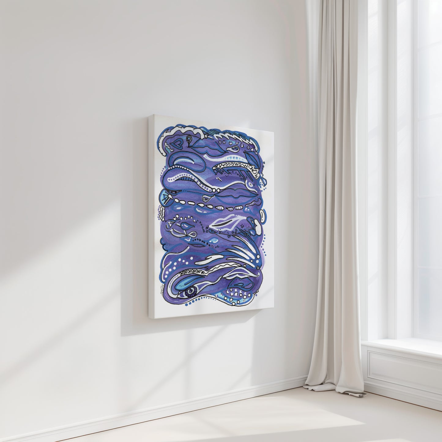 Abstract blue artwork on a white wall with a window in the background. A piece on human lust.