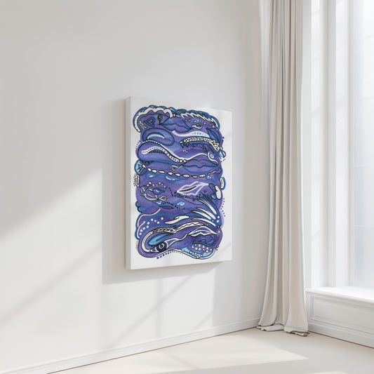 Abstract blue artwork on a white wall with a window in the background. A piece on human lust.