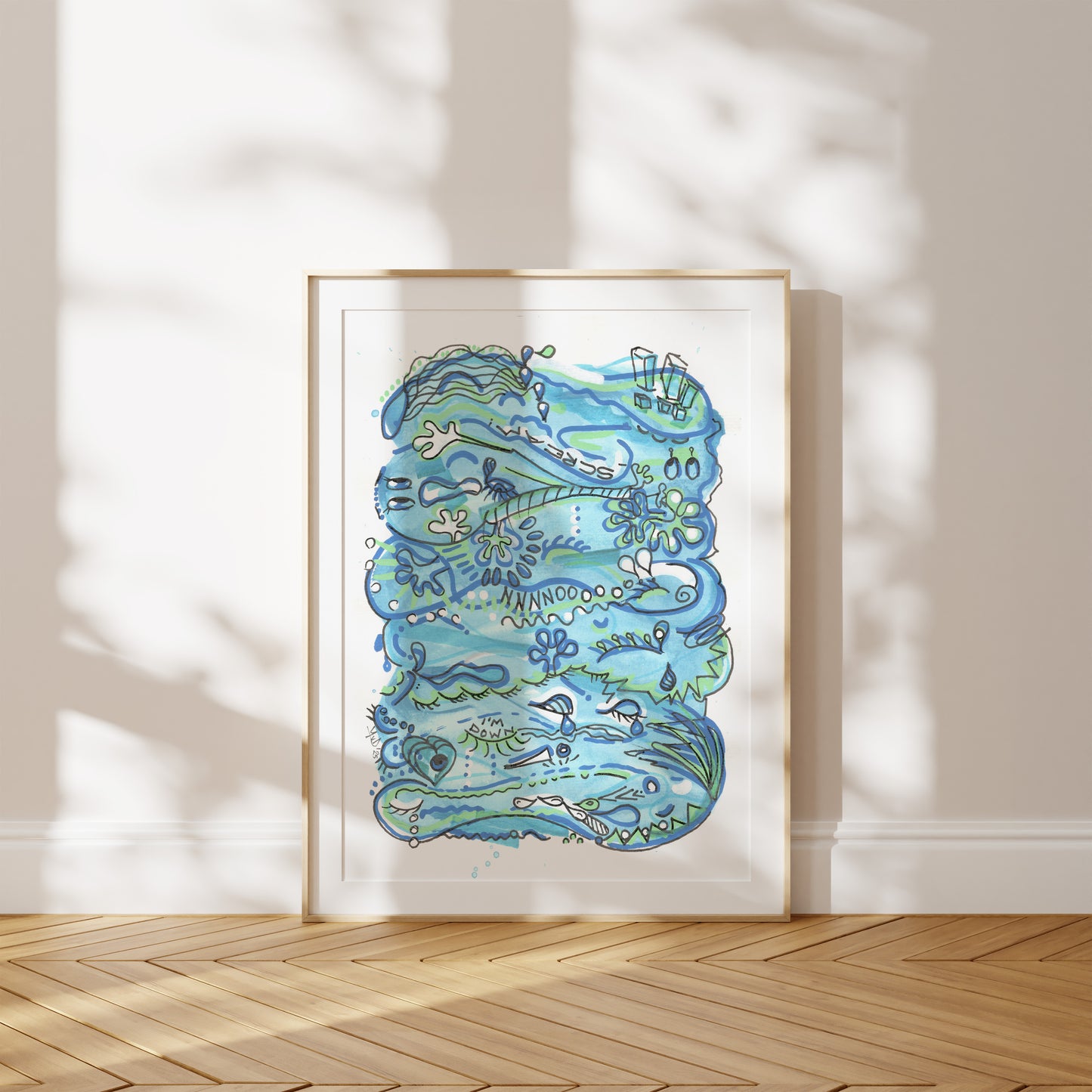 Framed artwork of a blue abstract design on a white wall with wooden floor. A piece on Sorrow and Depression.