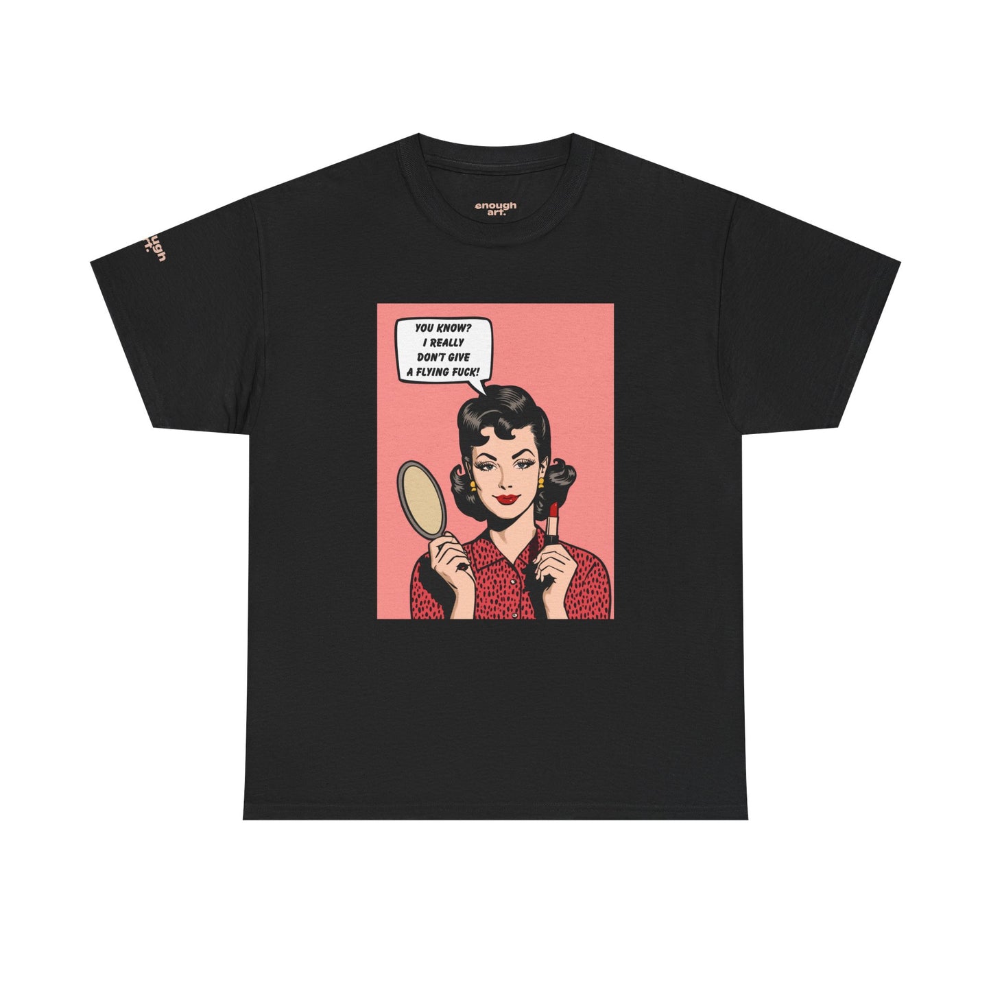 Black t-shirt with a graphic of a woman holding a mirror and text bubble on a white background