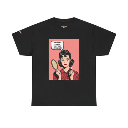 Black t-shirt with a graphic of a woman holding a mirror and text bubble on a white background