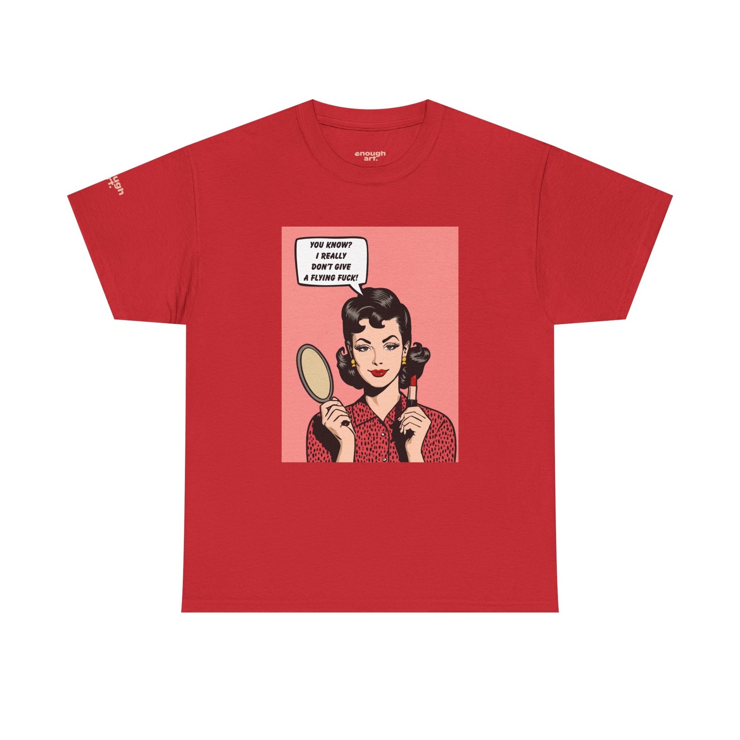Red t-shirt with a graphic of a woman with curlers and a speech bubble on a white background