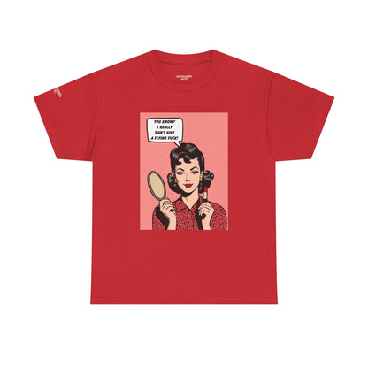 Red t-shirt with a graphic of a woman with curlers and a speech bubble on a white background