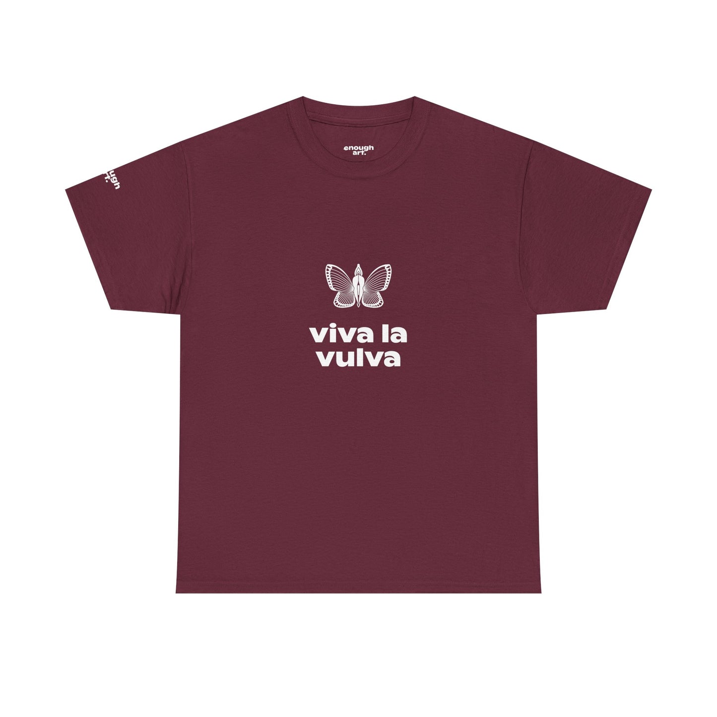 Maroon t-shirt with a butterfly graphic and 'viva la vulva' text on a maroon background