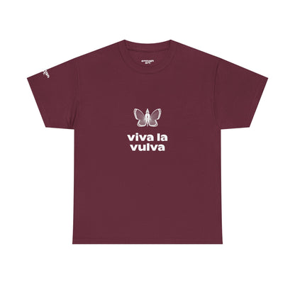 Maroon t-shirt with a butterfly graphic and 'viva la vulva' text on a maroon background