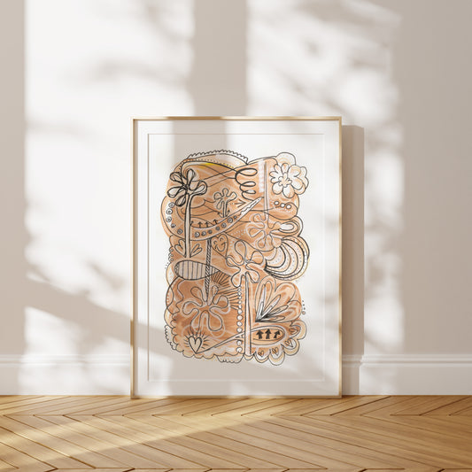 Framed abstract artwork on a wall with wooden floor and light shadows