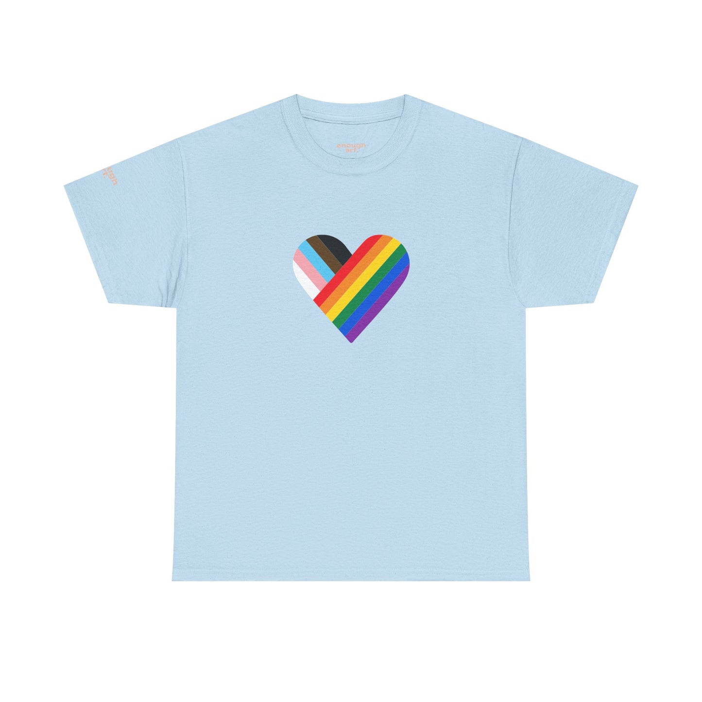 Light blue t-shirt with a rainbow heart design on a white background