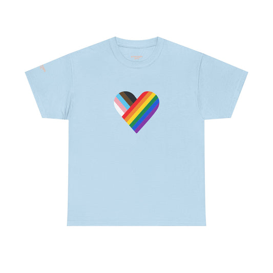 Light blue t-shirt with a rainbow heart design on a white background