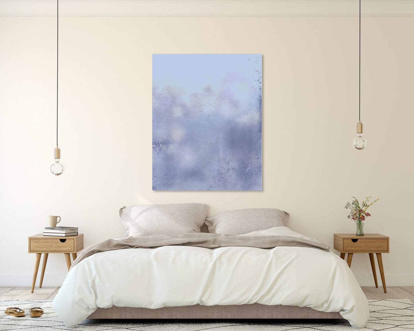 A modern bedroom featuring a square abstract art print with soft blue and purple brushstrokes hanging on the wall above a neatly made bed with white linens.