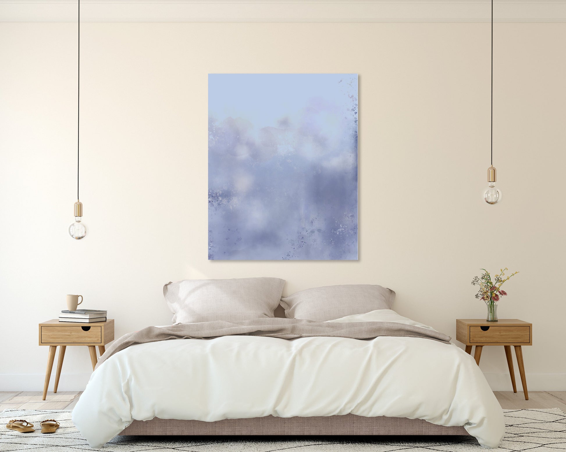 A modern bedroom featuring a square abstract art print with soft blue and purple brushstrokes hanging on the wall above a neatly made bed with white linens.