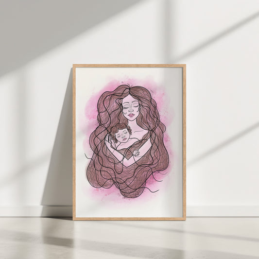 Framed artwork of a woman holding a child with a pink watercolor background on a white wall.