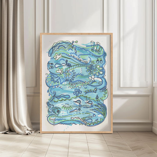 Framed artwork with blue and green abstract design on a wall. A piece on Sorrow and Depression.